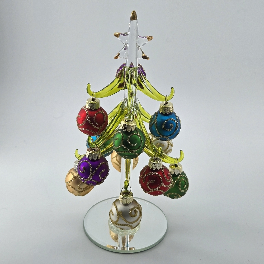 LS Arts Glass Christmas Tree on Mirrored Base w/Glass Ornaments one is defective